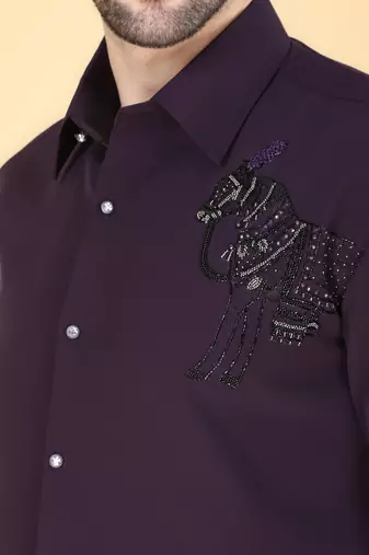 Purple hand embroidered Long sleeve shirt for men