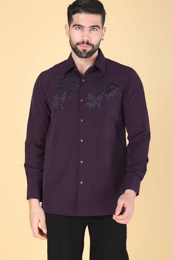 Purple hand embroidered Long sleeve shirt for men