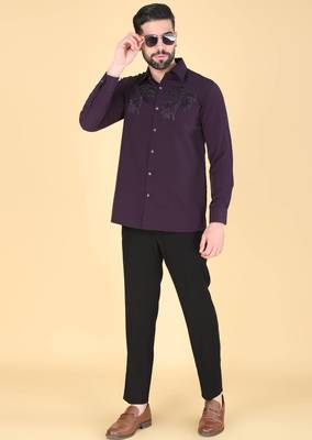 Purple hand embroidered Long sleeve shirt for men 2