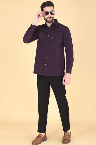 Purple hand embroidered Long sleeve shirt for men