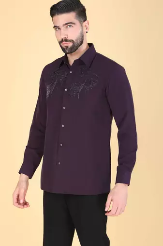 Purple hand embroidered Long sleeve shirt for men