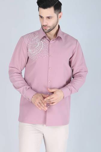 Pink hand embroidered Long sleeve shirt for men