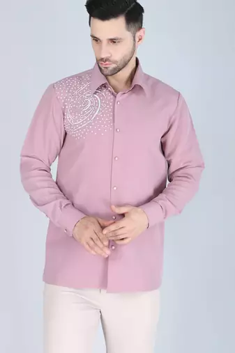 Pink hand embroidered Long sleeve shirt for men