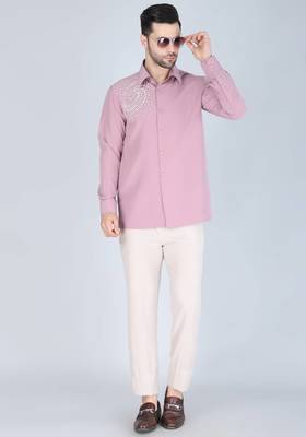 Pink hand embroidered Long sleeve shirt for men 2