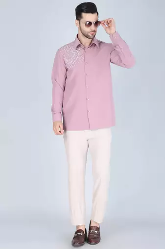 Pink hand embroidered Long sleeve shirt for men