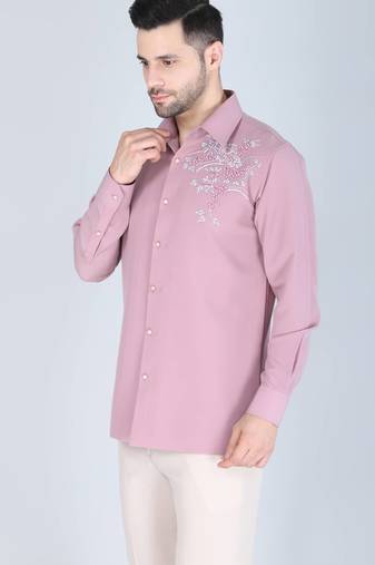 Pink hand embroidered Long sleeve shirt for men