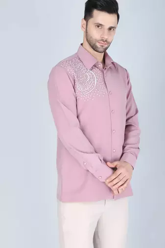 Pink hand embroidered Long sleeve shirt for men
