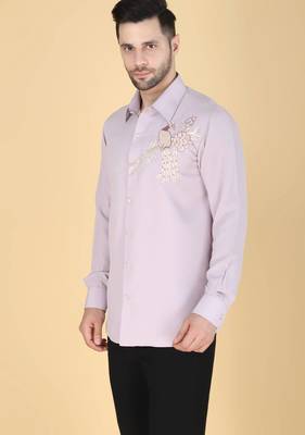 Lavender hand embroidered Long sleeve shirt for men 2