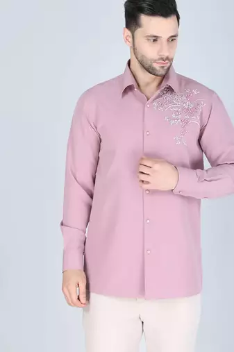 Pink hand embroidered Long sleeve shirt for men