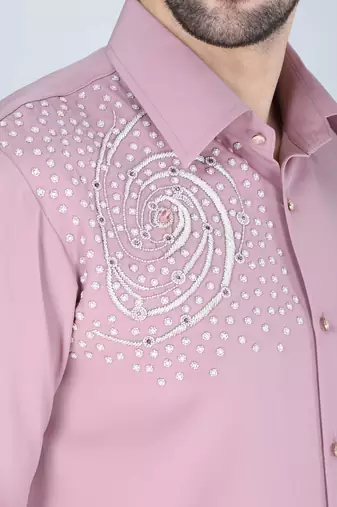 Pink hand embroidered Long sleeve shirt for men