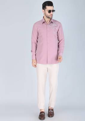 Pink hand embroidered Long sleeve shirt for men 3