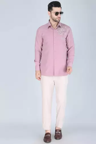 Pink hand embroidered Long sleeve shirt for men
