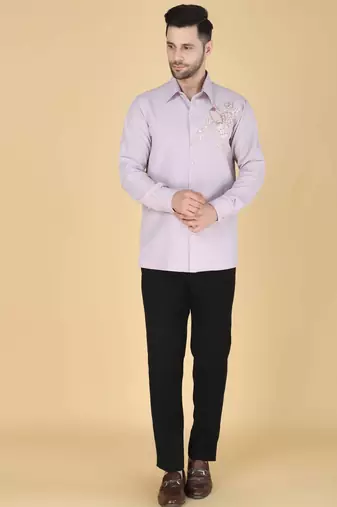 Lavender hand embroidered Long sleeve shirt for men