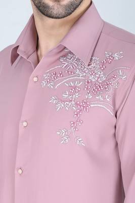 Pink hand embroidered Long sleeve shirt for men 4