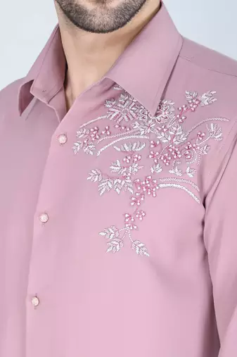 Pink hand embroidered Long sleeve shirt for men
