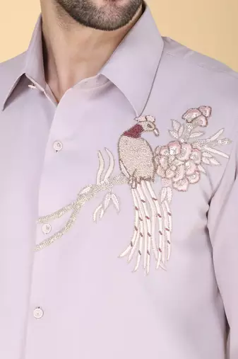 Lavender hand embroidered Long sleeve shirt for men