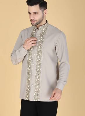 Grey hand embroidered Long sleeve shirt for men 2