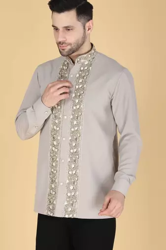 Grey hand embroidered Long sleeve shirt for men
