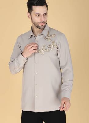 Grey hand embroidered Long sleeve shirt for men 1