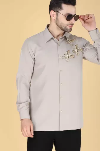 Grey hand embroidered Long sleeve shirt for men