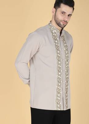Grey hand embroidered Long sleeve shirt for men 3