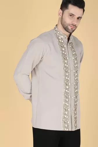Grey hand embroidered Long sleeve shirt for men