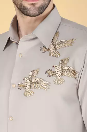 Grey hand embroidered Long sleeve shirt for men