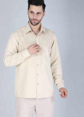 Cream hand embroidered Long sleeve shirt for men 2