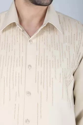 Cream hand embroidered Long sleeve shirt for men
