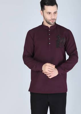 Purplish wine hand embroidered motif Long sleeve shirt for men 1