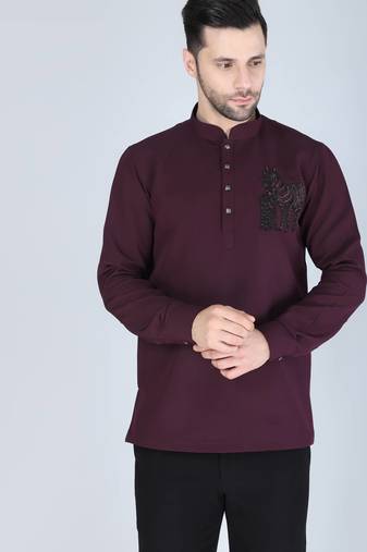 Purplish wine hand embroidered motif Long sleeve shirt for men