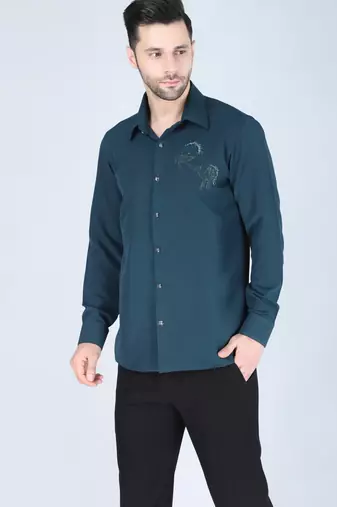 Blue hand embroidered Long sleeve shirt for men