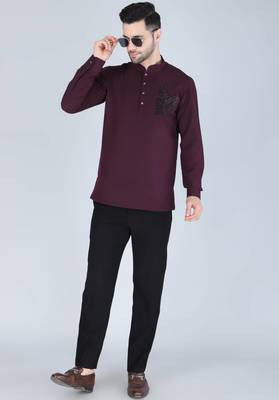 Purplish wine hand embroidered motif Long sleeve shirt for men 2
