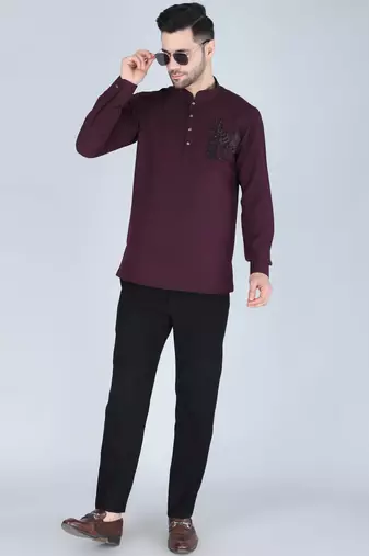Purplish wine hand embroidered motif Long sleeve shirt for men