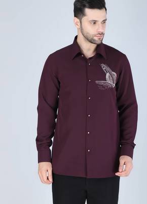 Purplish wine hand embroidered motif Long sleeve shirt for men 1