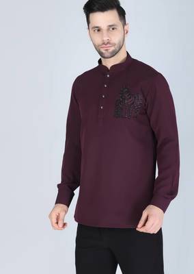 Purplish wine hand embroidered motif Long sleeve shirt for men 3
