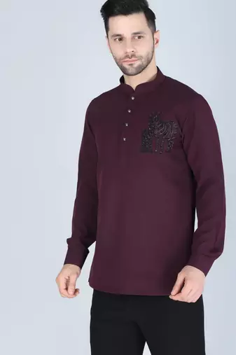 Purplish wine hand embroidered motif Long sleeve shirt for men