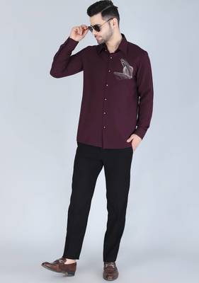 Purplish wine hand embroidered motif Long sleeve shirt for men 2