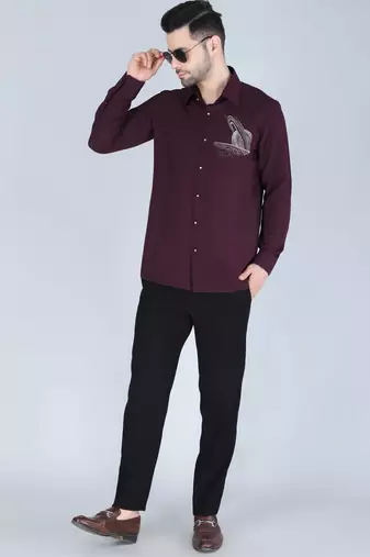 Purplish wine hand embroidered motif Long sleeve shirt for men