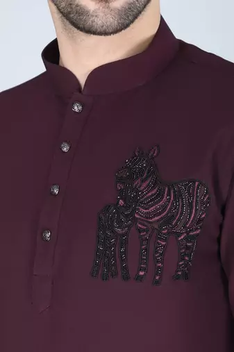 Purplish wine hand embroidered motif Long sleeve shirt for men