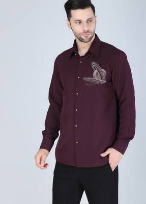 Purplish wine hand embroidered motif Long sleeve shirt for men 3