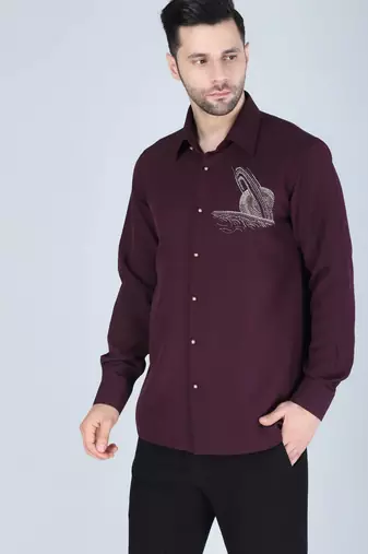 Purplish wine hand embroidered motif Long sleeve shirt for men