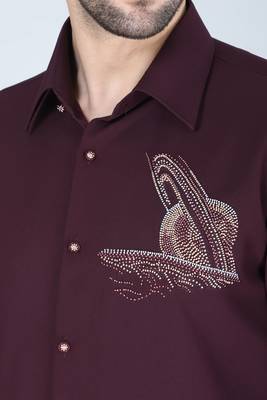 Purplish wine hand embroidered motif Long sleeve shirt for men 4