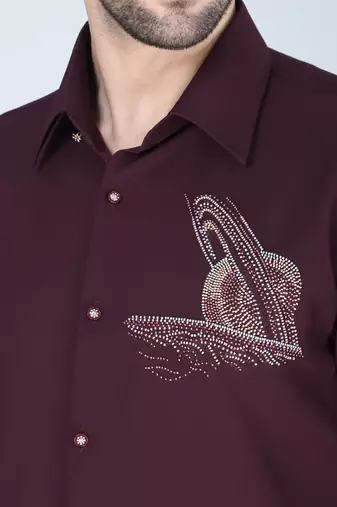 Purplish wine hand embroidered motif Long sleeve shirt for men