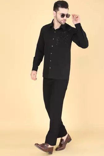 Black hand embroidered Long sleeve shirt for men