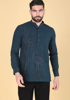 Teal blue hand embroidered Long sleeve shirt for men 1