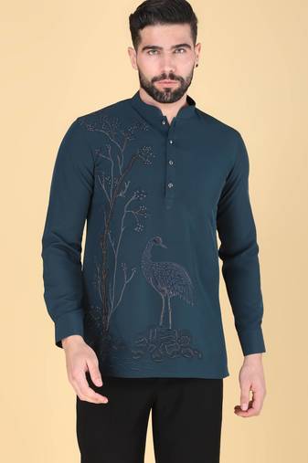 Teal blue hand embroidered Long sleeve shirt for men