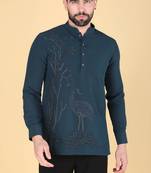 Teal blue hand embroidered Long sleeve shirt for men