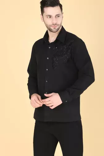 Black hand embroidered Long sleeve shirt for men
