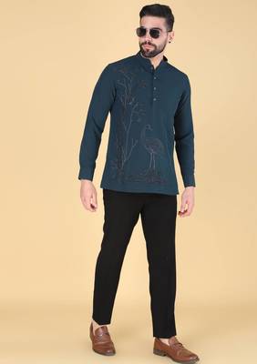 Teal blue hand embroidered Long sleeve shirt for men 2